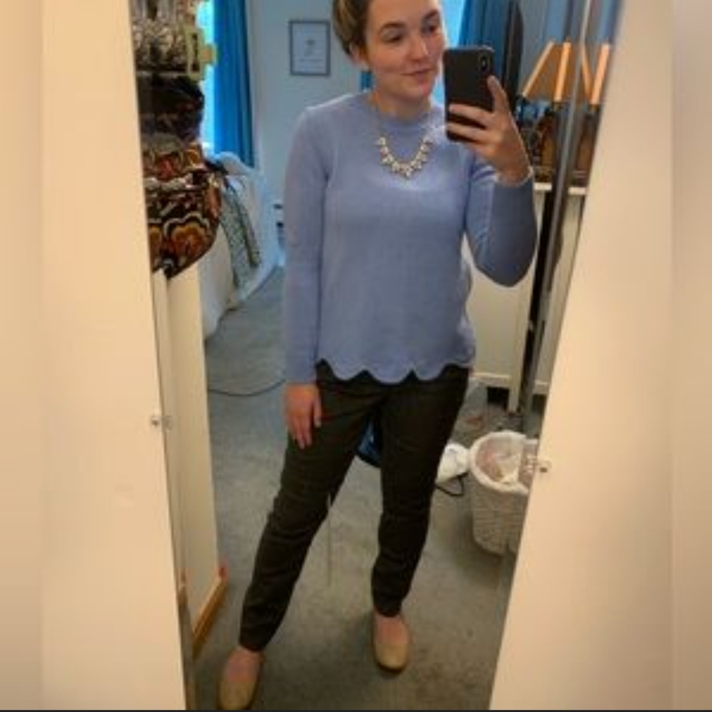 J Crew baby blue thick knit sweater with crewneck and scalloped hem. Size small